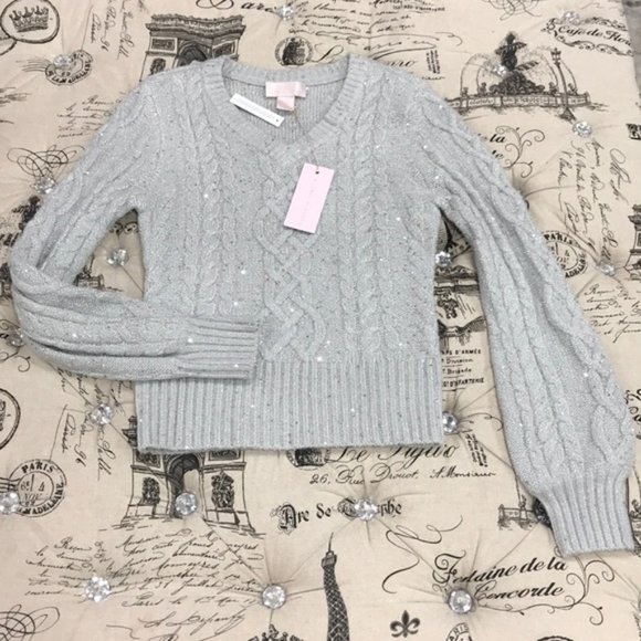 Rachel Parcell Sequin Cable Knit Puff Sleeve Sweat - Picture 4 of 7